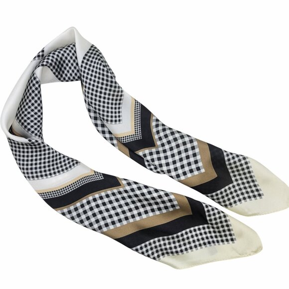 ❤️❤️Elegant Bandana Geometric Scarf Silky Satin Soft Beige Black Checkered Wrap - Picture 4 of 7